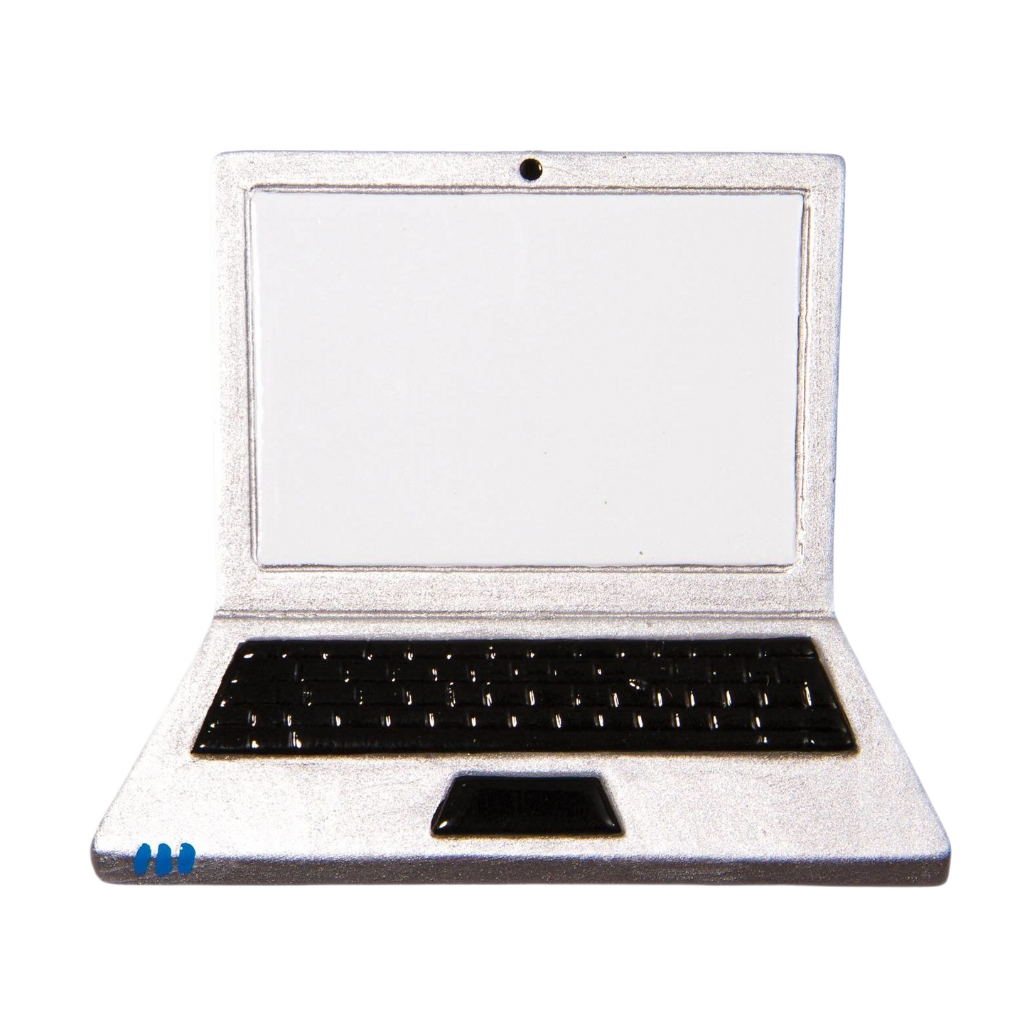 Silver laptop ornament with black keyboard and blank screen for personalized holiday tree décor under $50