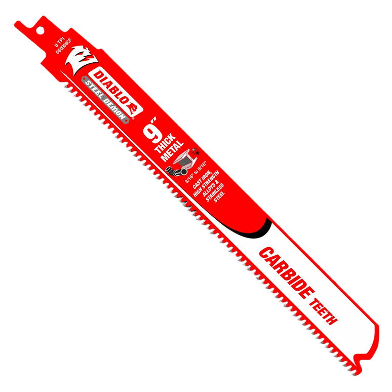 Red reciprocating saw blade with carbide teeth designed for cutting thick metals in power tool accessories collection