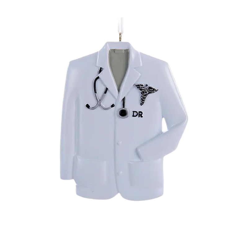 White doctor coat Christmas ornament with stethoscope detail for holiday tree decorations under $50 collections