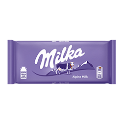 Purple packaging of a Milka Alpine Milk Chocolate Bar featuring the brand logo and signature alpine cow illustration