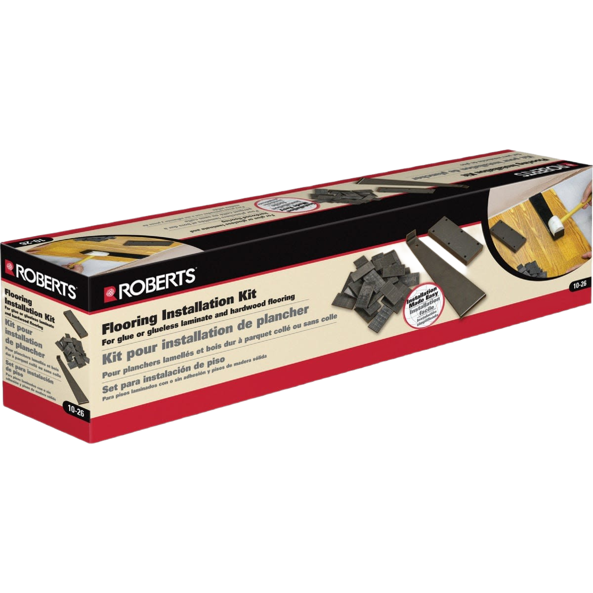 Long rectangular box displaying flooring installation tools including spacers and tapping block for laminate floors.