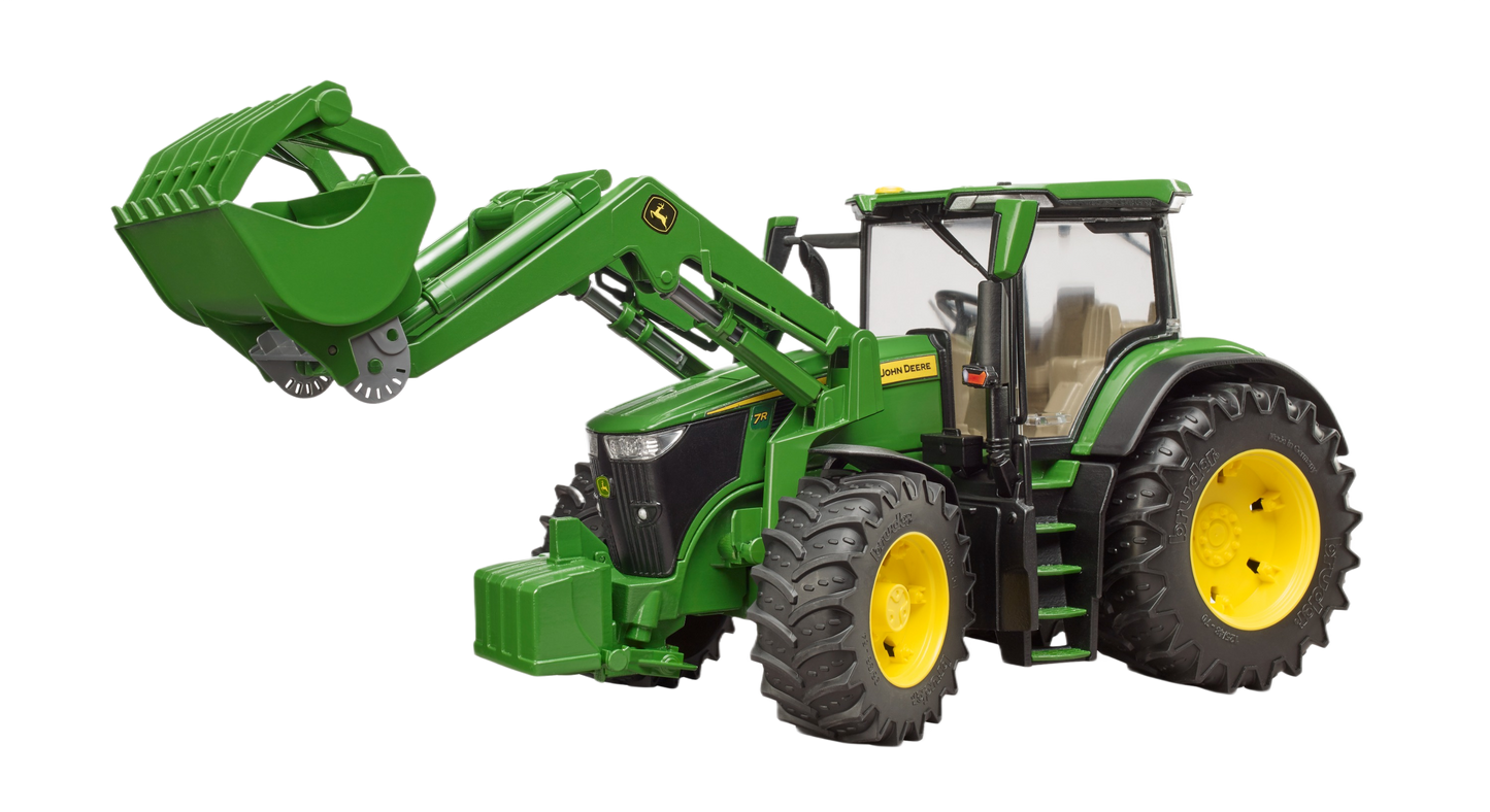 Green Bruder John Deere 7R 350 toy tractor with detailed front loader for tools and home improvement play activities