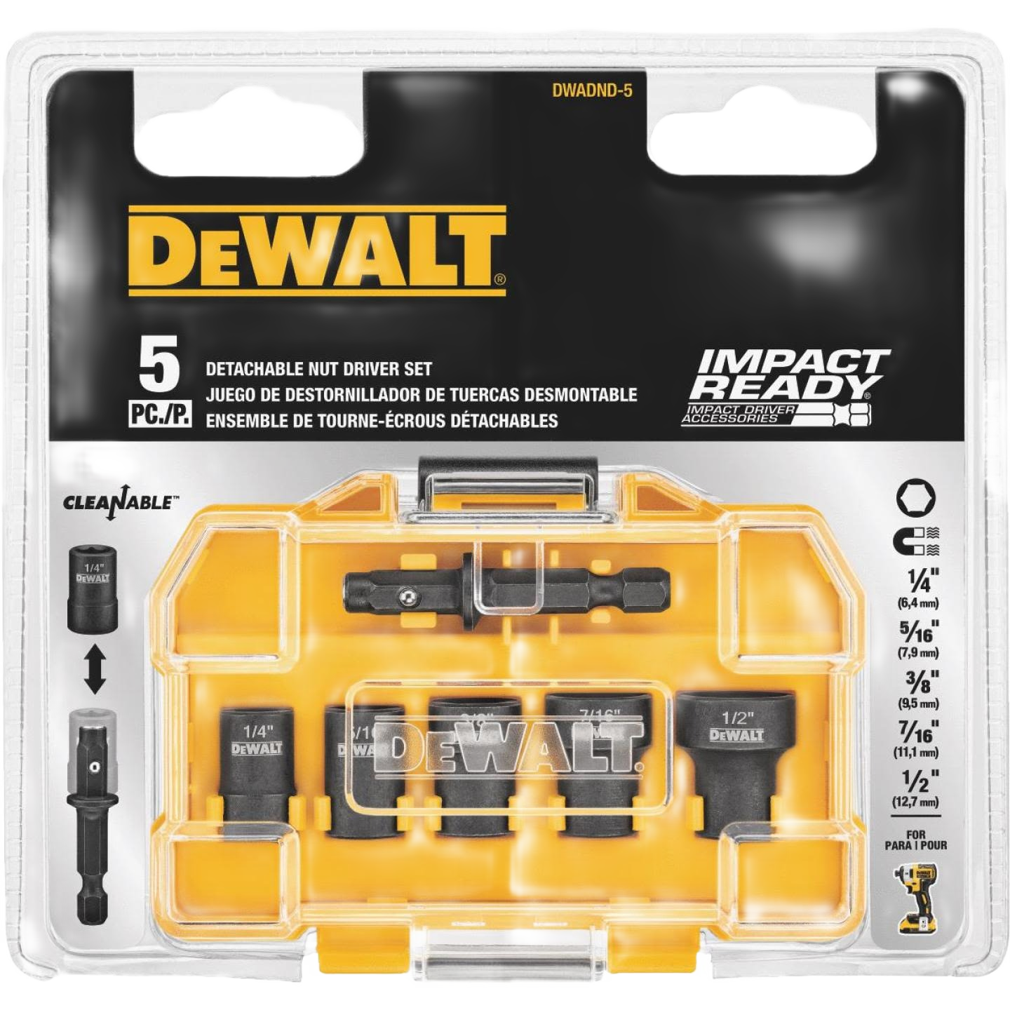 Compact 5-piece magnetic nut driver bit set with cleanable design for tools and home improvement use