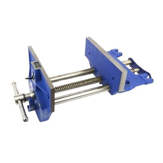 Blue woodworkers bench vise with steel components and adjustable jaws for secure clamping in home improvement projects