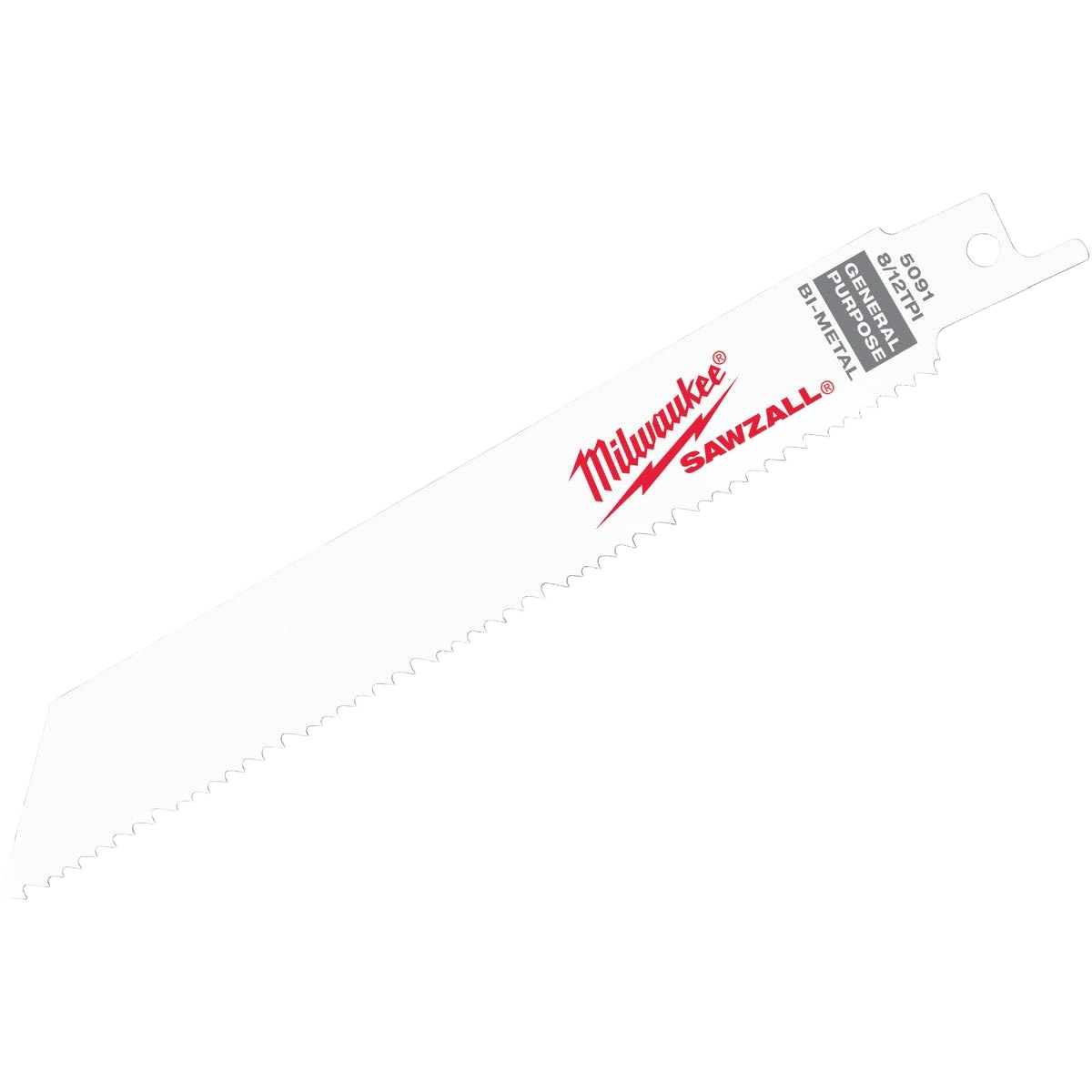 White Milwaukee SAWZALL® multi-material reciprocating saw blade with red logo for tools and home improvement use
