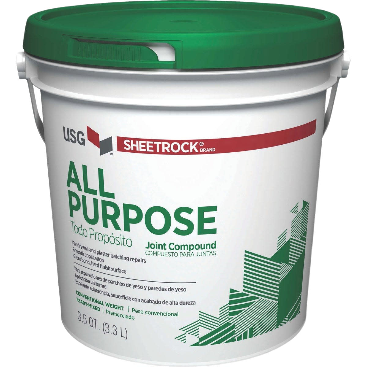 White 3.5 quart container of Sheetrock all-purpose joint compound with green lid for drywall repair projects