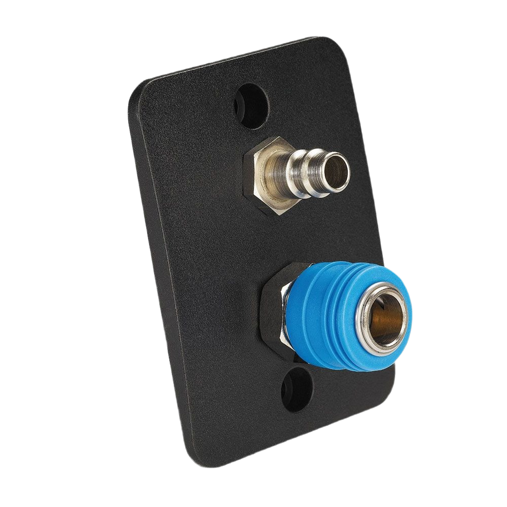Black mounting plate with metal and blue compressed air hose connectors for dust extraction accessories in woodworking tools