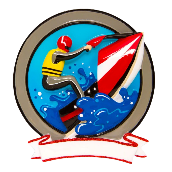 Red and white jet ski with rider in yellow vest splashing through blue waves in Christmas Ornaments & Tree Decorations collection