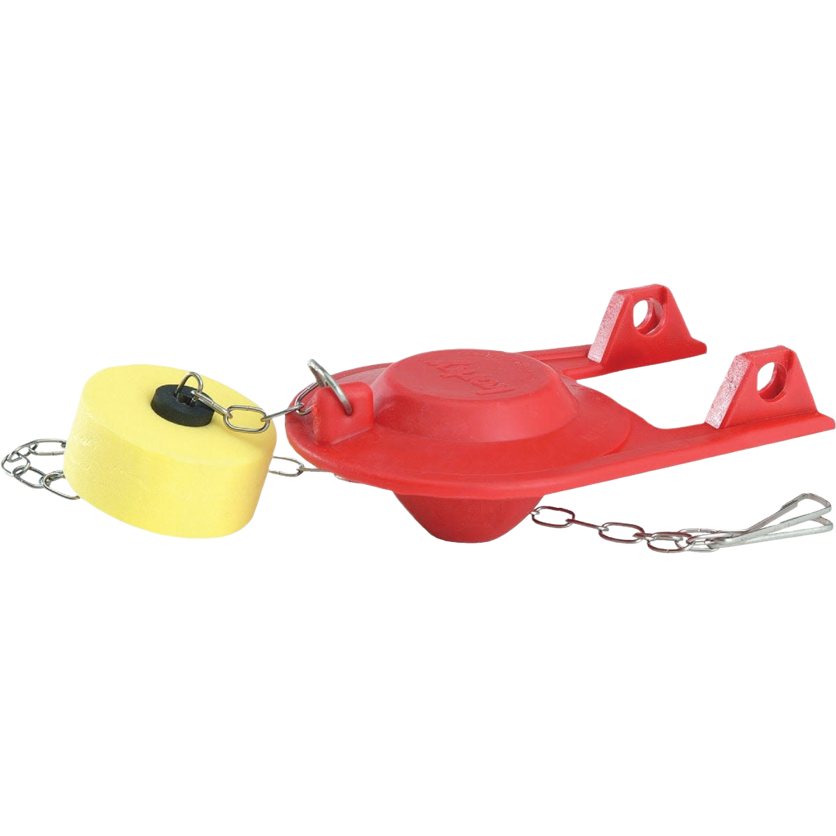 Red adjustable toilet flapper with attached yellow foam float and metal chain for plumbing maintenance tasks
