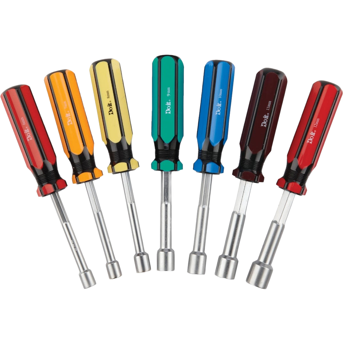 Seven-piece solid shaft metric nut driver set with color-coded handles for home improvement tasks