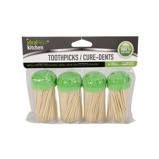 Four clear plastic containers of natural wood toothpicks with green lids for kitchen and home use