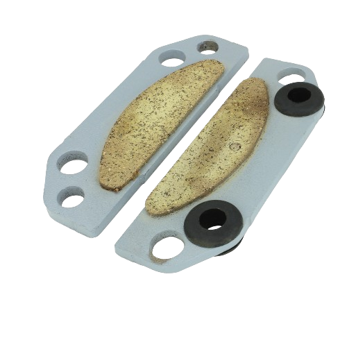 Pair of metal brake pads with curved friction surfaces and mounting holes for brake system maintenance and repairs