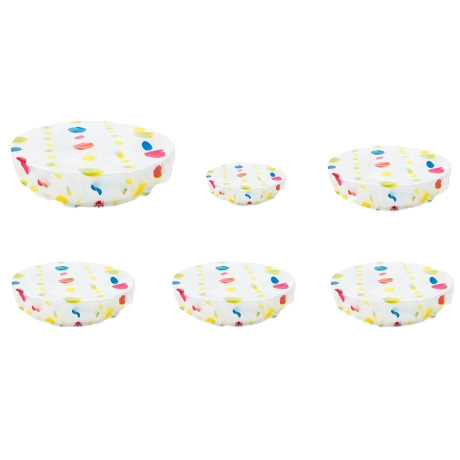 Set of six colorful dot patterned bowl covers for kitchenware, storage, and food storage under $50 collections