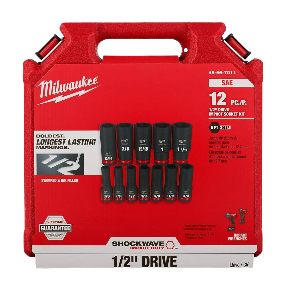 Set of twelve black 1/2-inch drive deep six-point sockets in red case for hand tools and woodworking tasks