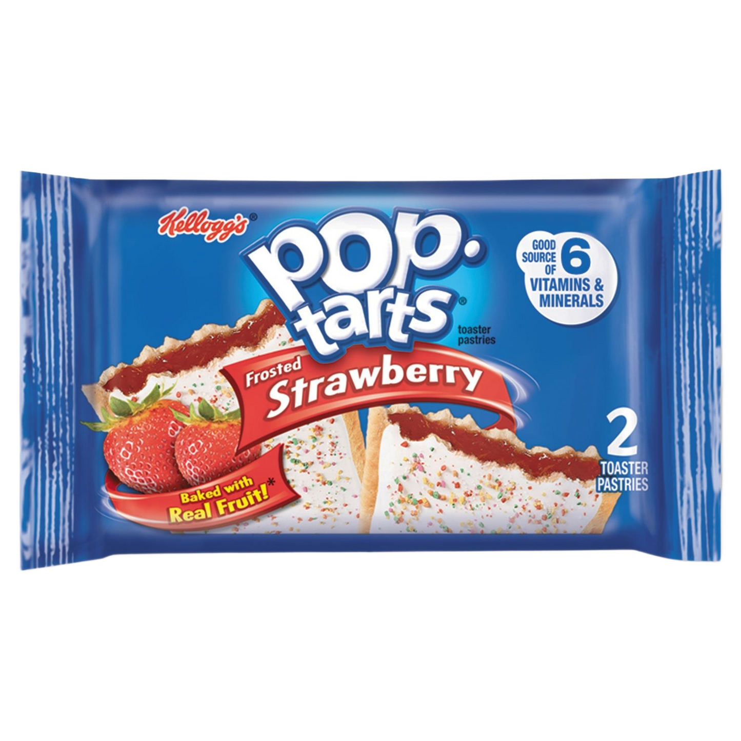 Blue package of strawberry frosted toaster pastries with fruit illustration, in food and beverage snacks collection