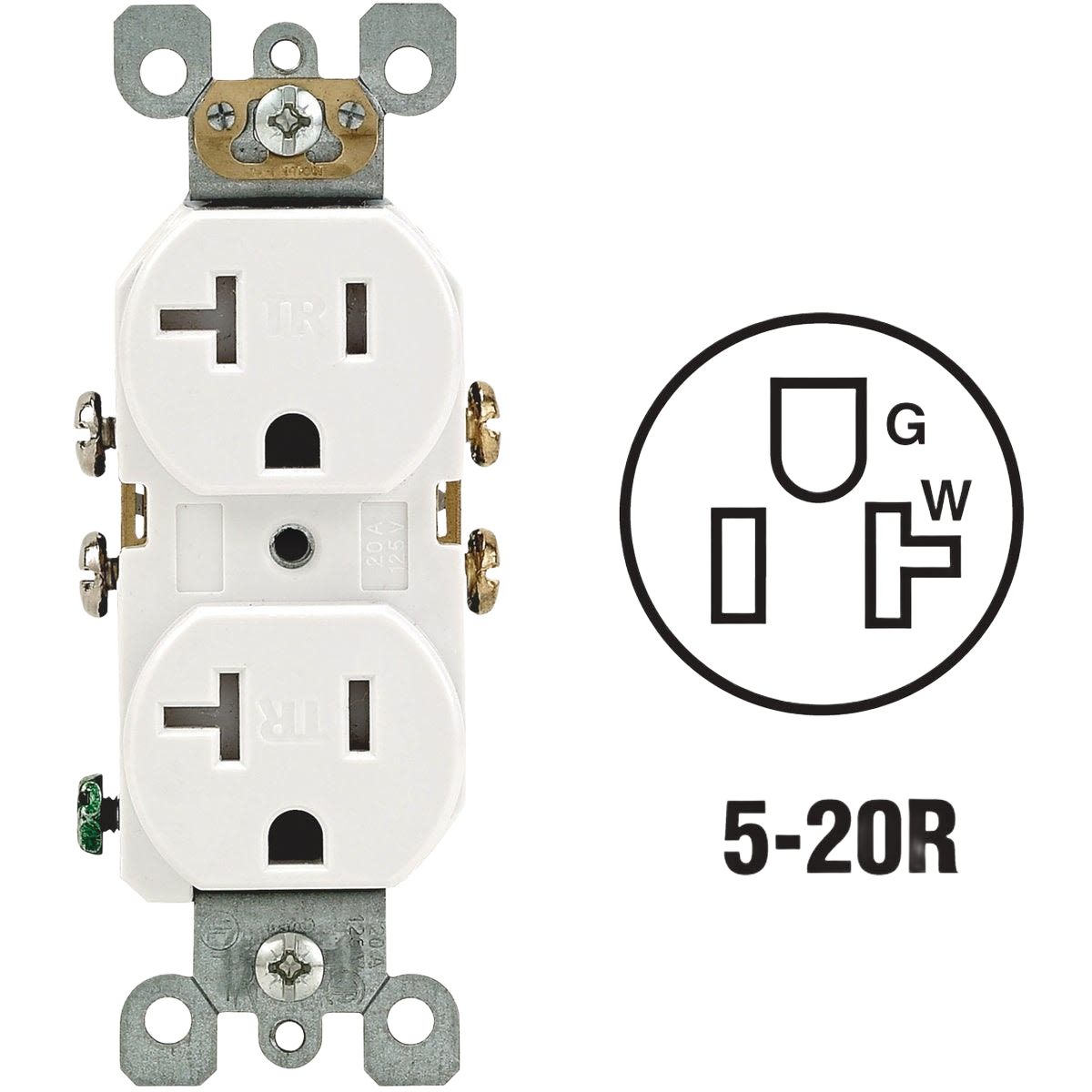 White tamper-resistant duplex electrical outlet rated 20 amp with metal mounting frame for home improvement projects