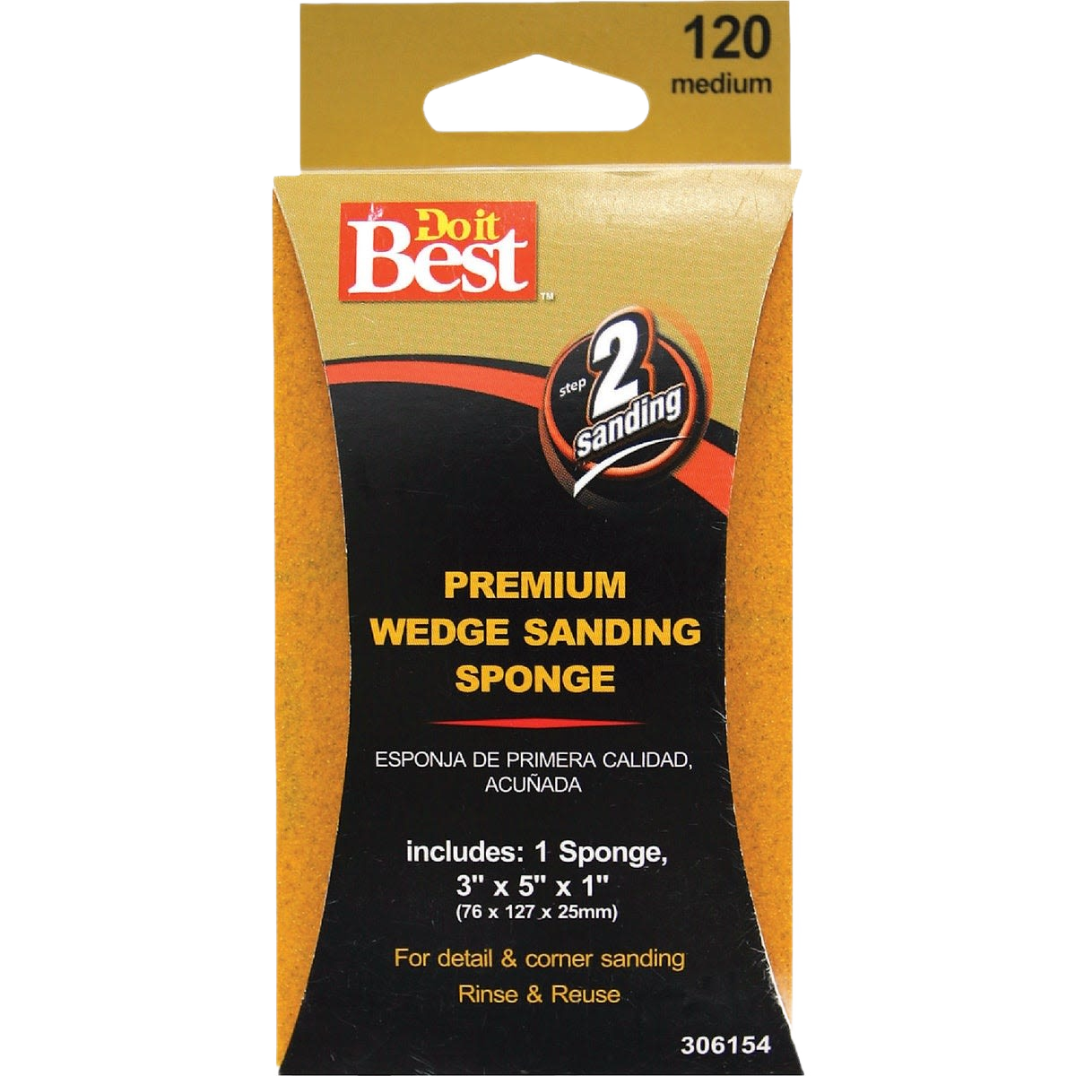 Medium-grit premium wedge sanding sponge in yellow packaging for detail sanding in tools and home improvement tasks