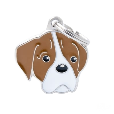 Brown and white boxer dog face pet ID tag featuring enamel detailing and metal keyring attachment