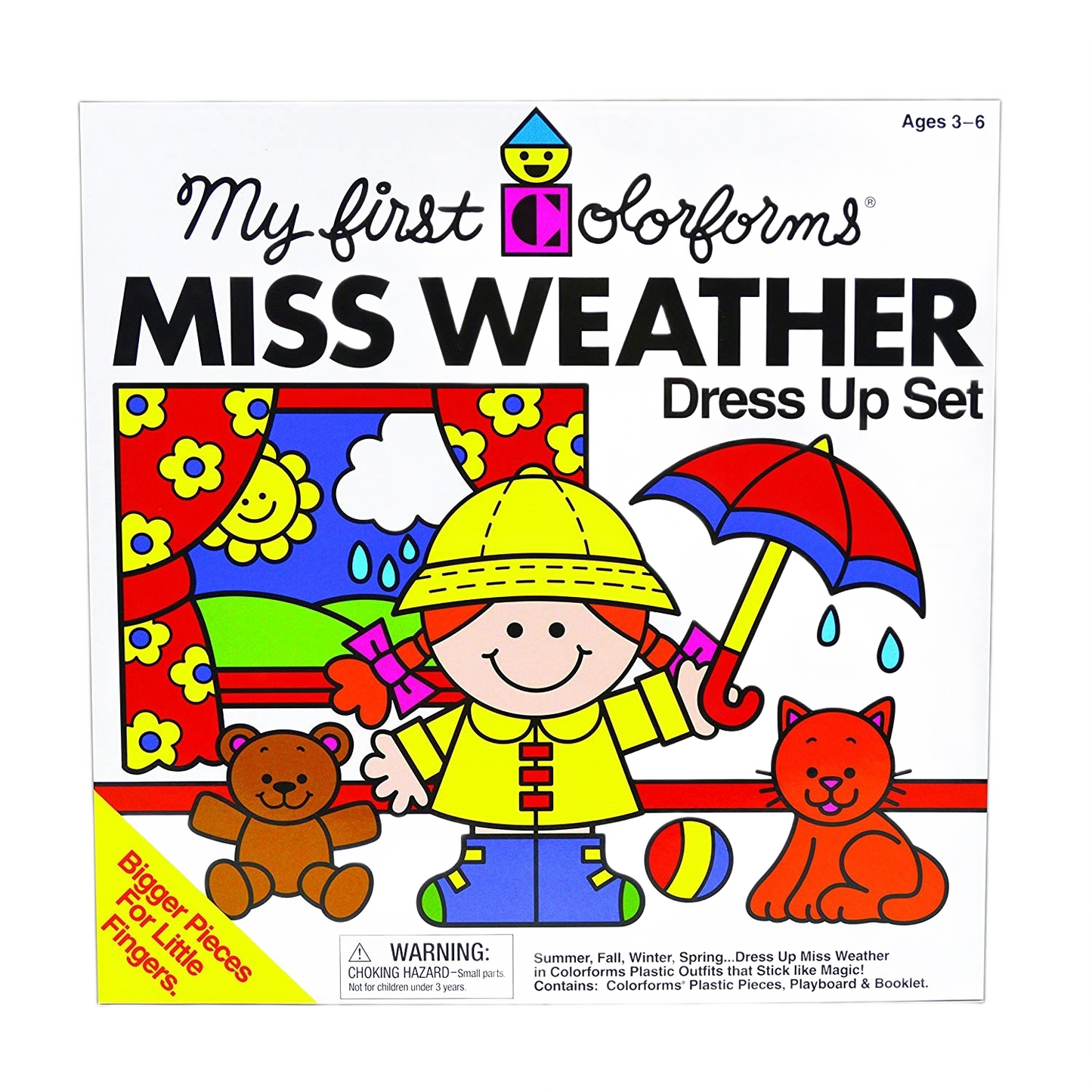 Boxed Miss Weather dress-up set with colorful plastic pieces including umbrella, raincoat, and animal characters for children