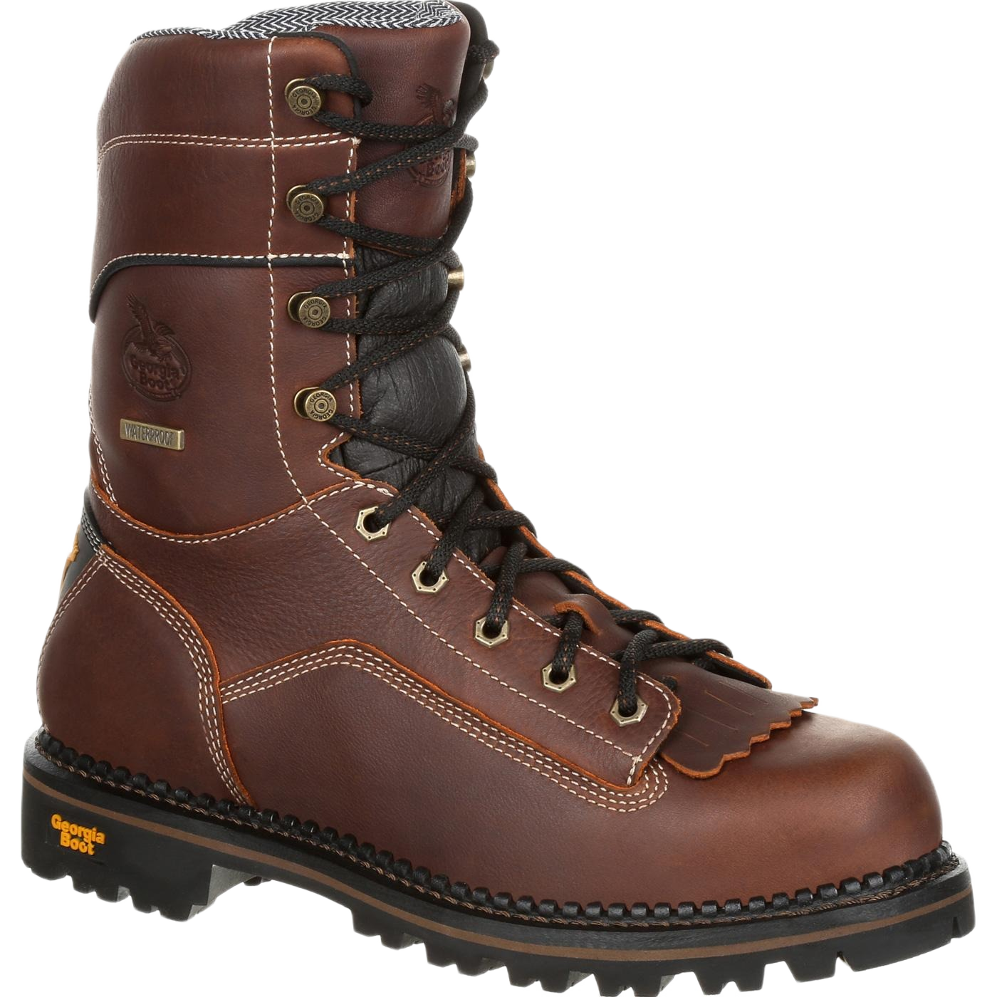 Brown full-grain leather waterproof work boot with secure lacing, designed for footwear and clothing collections