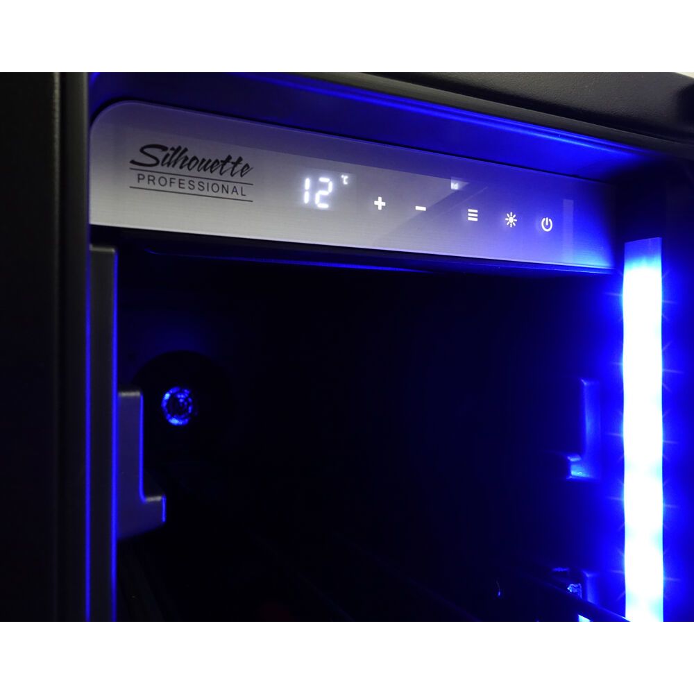 Digital control panel illuminated in blue inside a beverage center from the Appliances collection