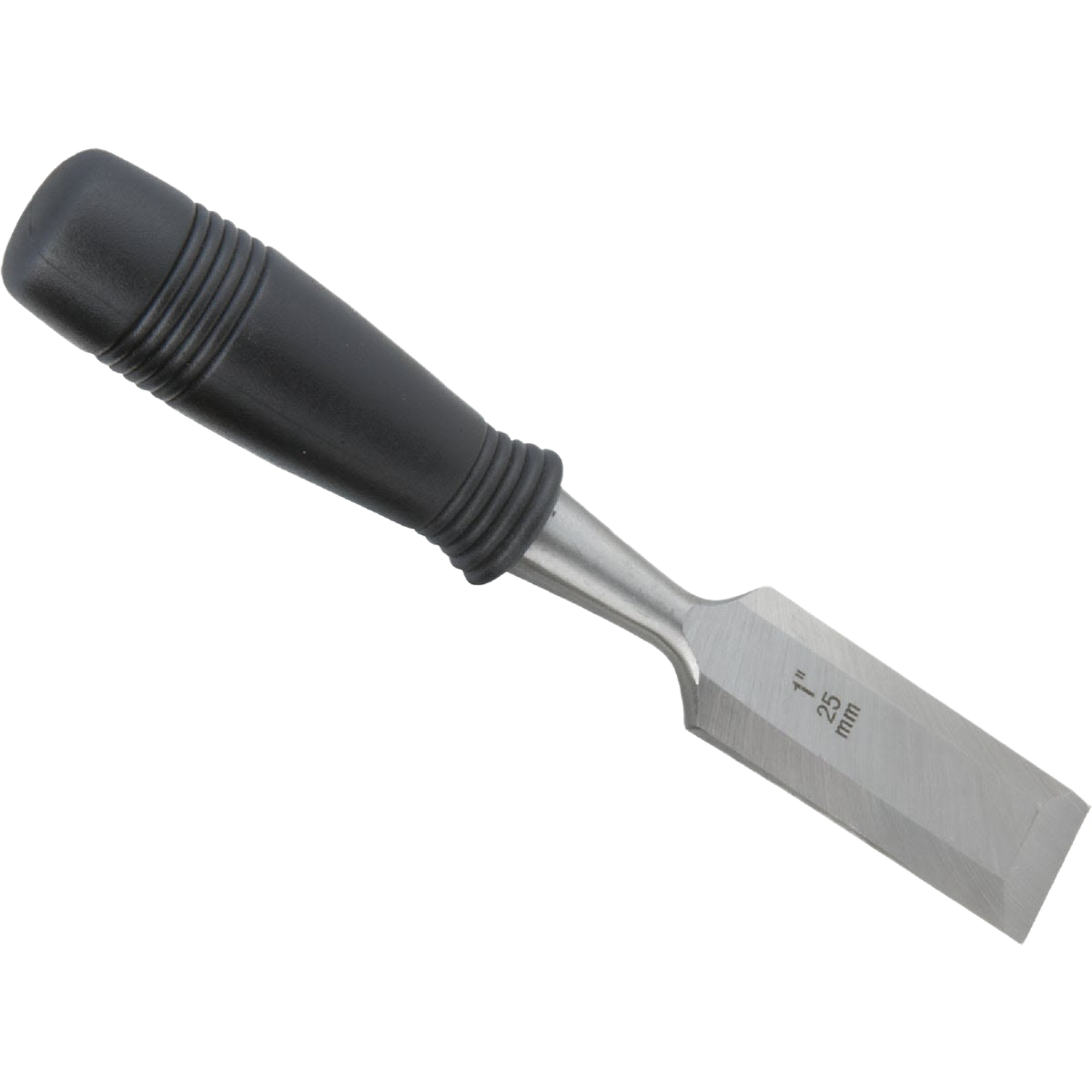 Wood chisel with black ergonomic handle and sharp steel blade for precision woodworking and home improvement tasks