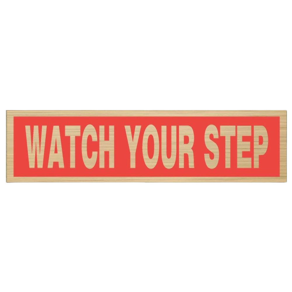 Red and beige self-adhesive warning sign with “Watch Your Step” text for home improvement and hardware use