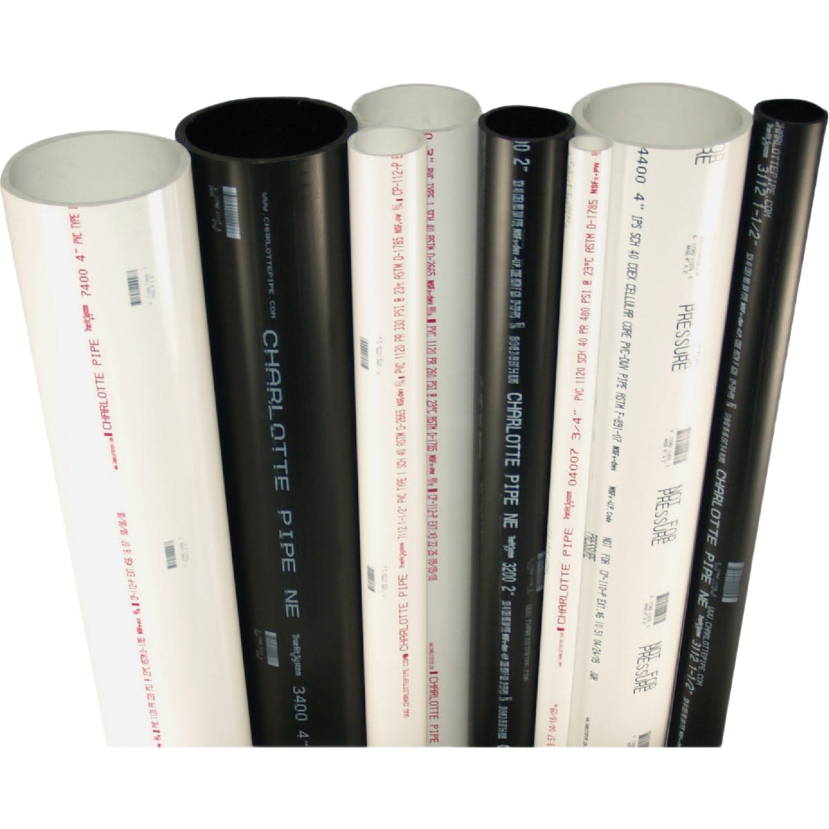 Collection of white and black Charlotte ABS DWV pipes for plumbing and home improvement under $50 and $100 collections