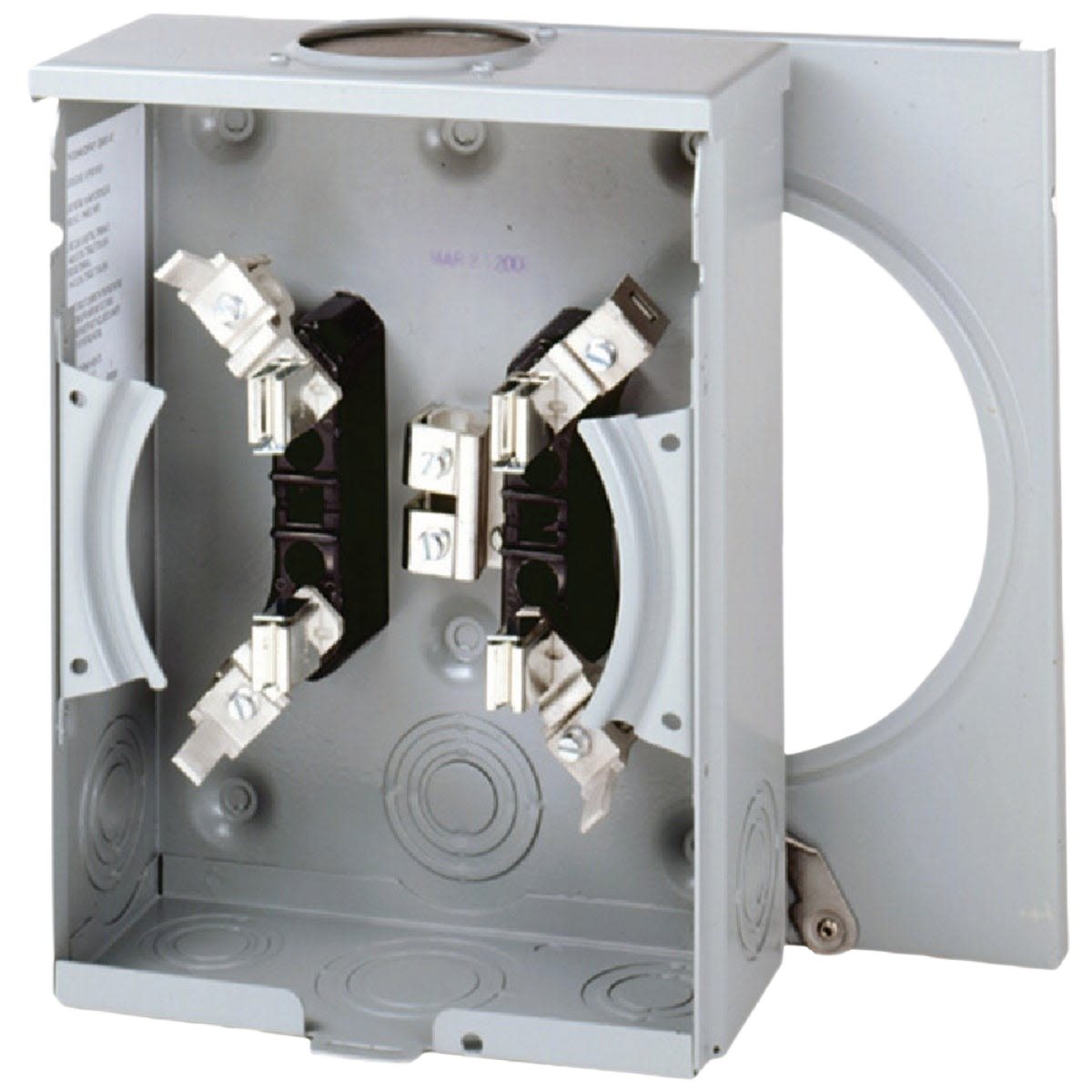 Gray metal electrical meter socket with hinged cover and three-wire connection terminals for home improvement tasks