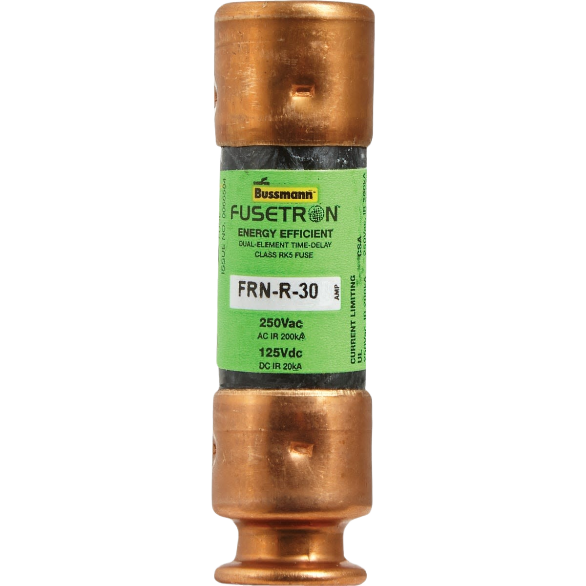 Cartridge fuse with copper end caps and green labeled body for electrical protection in tools and home improvement projects