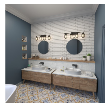 Rustic noble bronze 4-light vanity fixtures with caged bulbs above double bathroom sinks in farmhouse style bathroom
