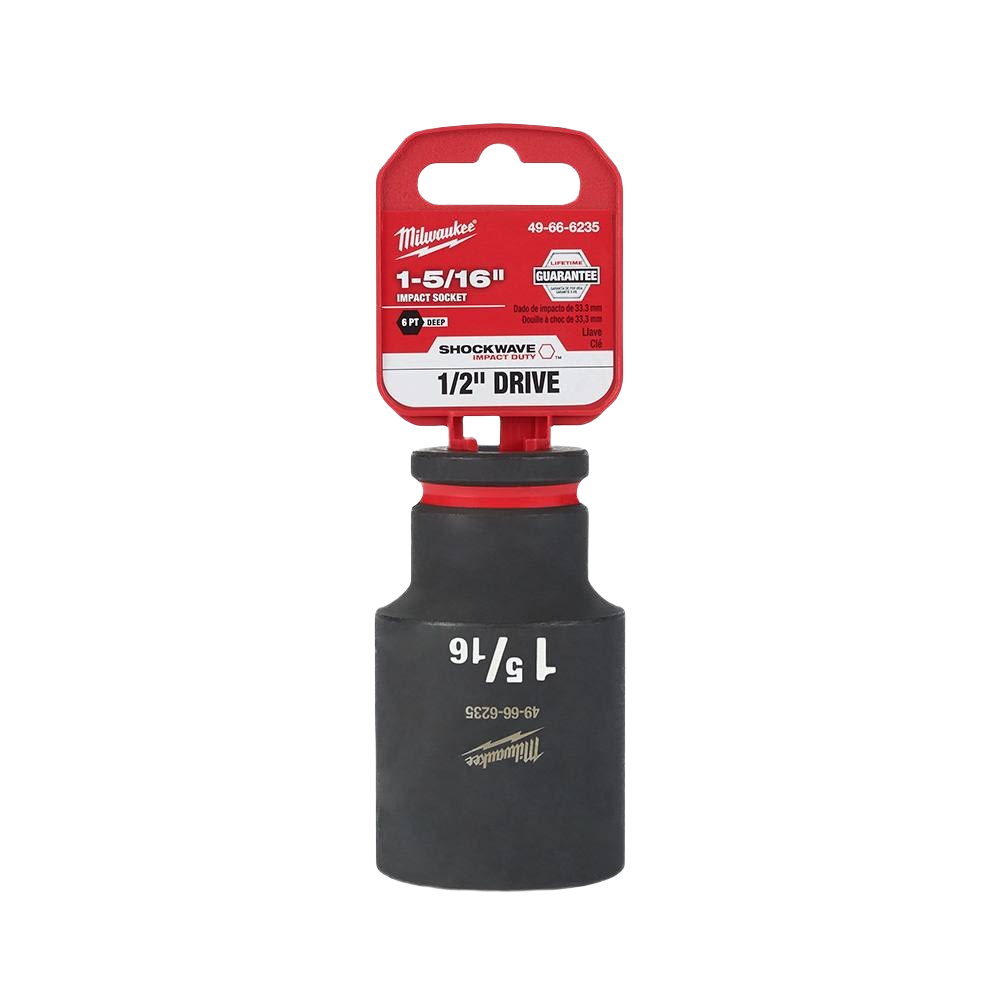Heavy-duty black impact socket with red accent and stamped size marking for hand tools and Milwaukee collections