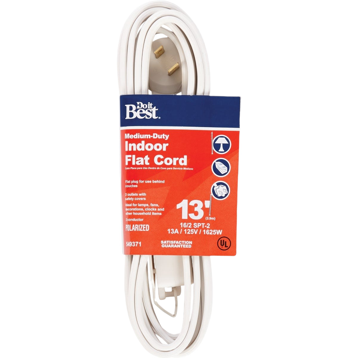 White 13 ft indoor flat extension cord with polarized plug and 16/2 gauge for electrical and appliance use under $50