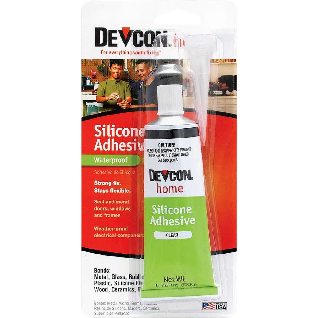 Tube of clear silicone adhesive with applicator for waterproof sealing and flexible home repair projects