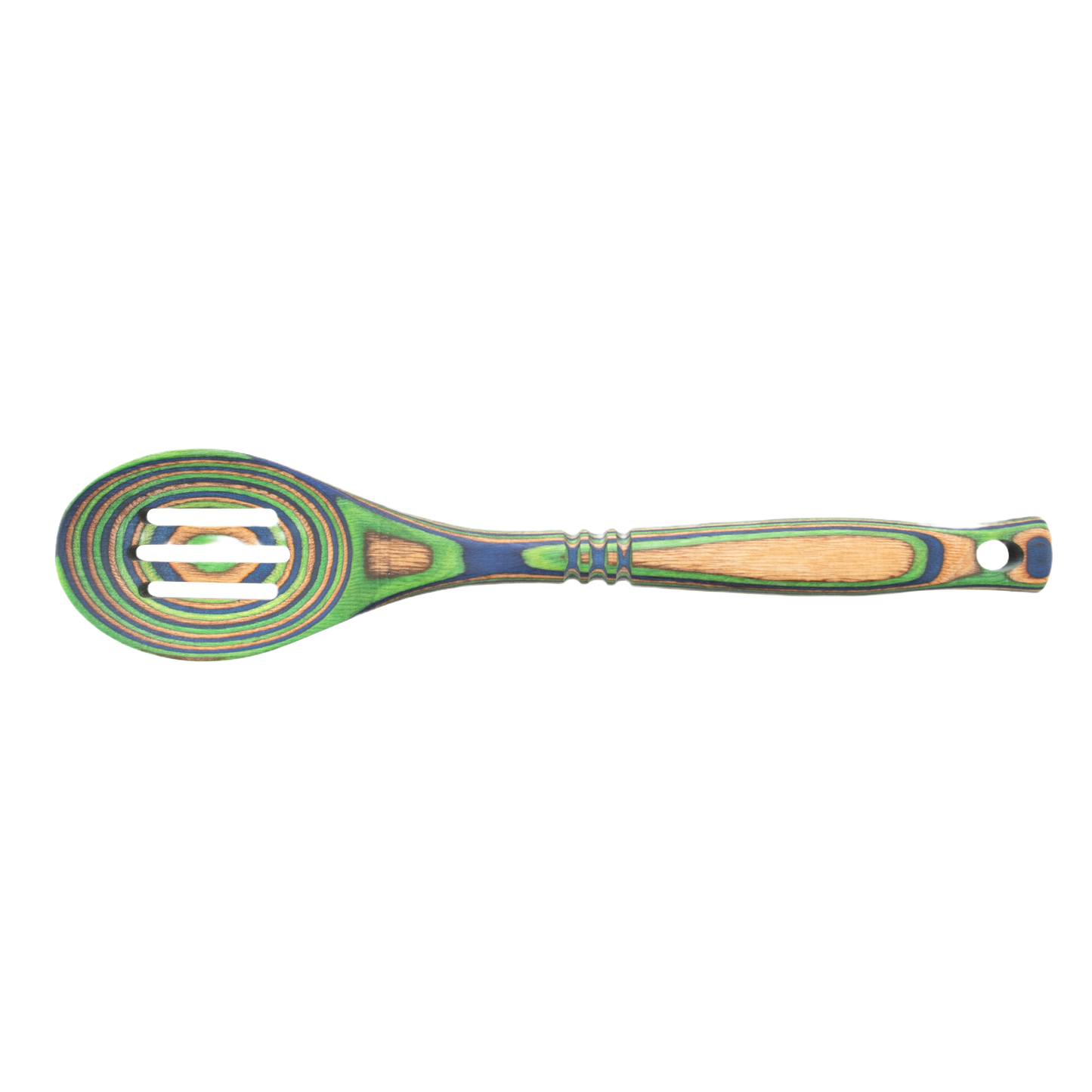 Colorful laminated Pakka wood peacock slotted spoon ideal for kitchen utensils and cooking gadgets collections