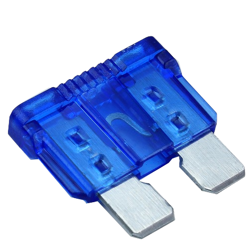 Blue plastic automotive blade fuse with two metal prongs for electrical and home improvement use
