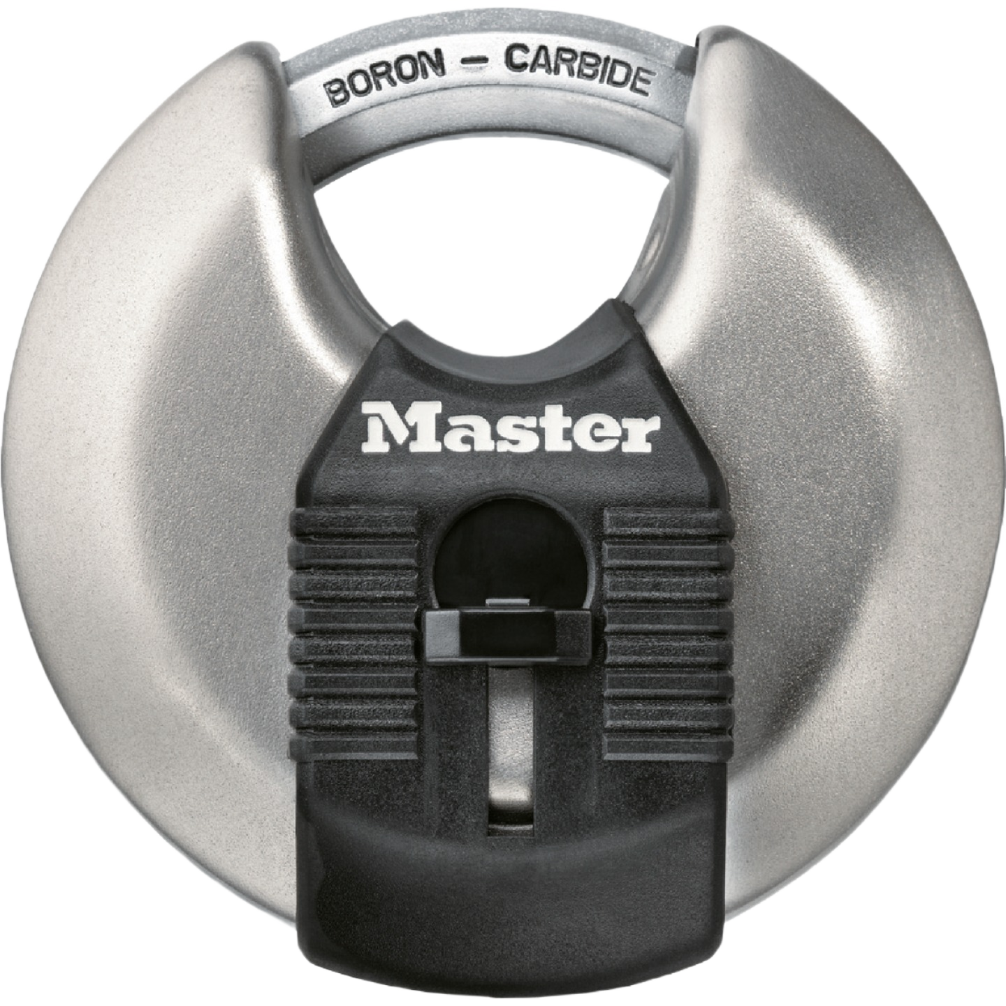 Stainless steel discus padlock with boron-carbide shackle for high-security use in hardware and home improvement tools collections