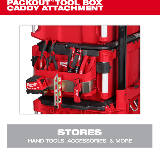 Red Milwaukee PACKOUT™ tool box caddy attachment with integrated slots and metal bracket for organizing hand tools on jobsite.