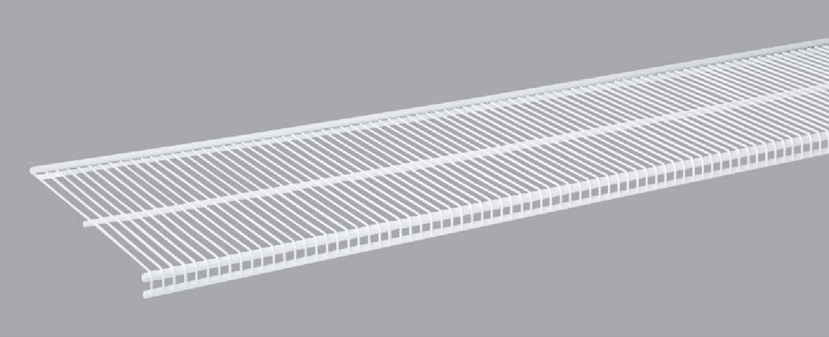 White ventilated metal closet shelf with slim profile ideal for storage and organization in home improvement projects