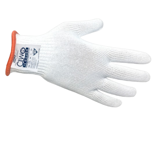 White cut resistant glove with orange cuff designed for protection in grilling tools and outdoor living tasks