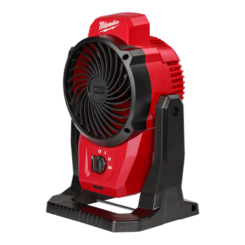 Portable red and black Milwaukee M12 mounting fan with adjustable speeds for home improvement and tool collections