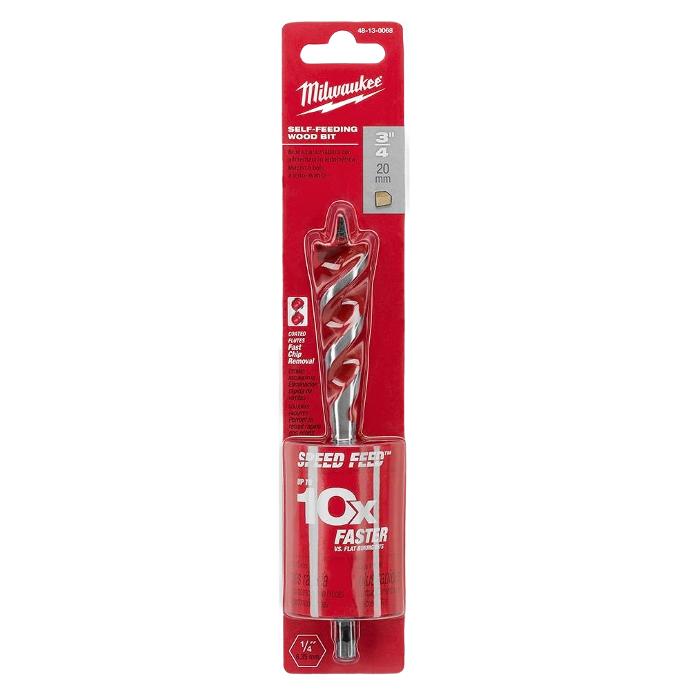 Milwaukee SPEED FEED wood bit in red packaging for fast, clean woodworking cuts, ideal for tool and home improvement use