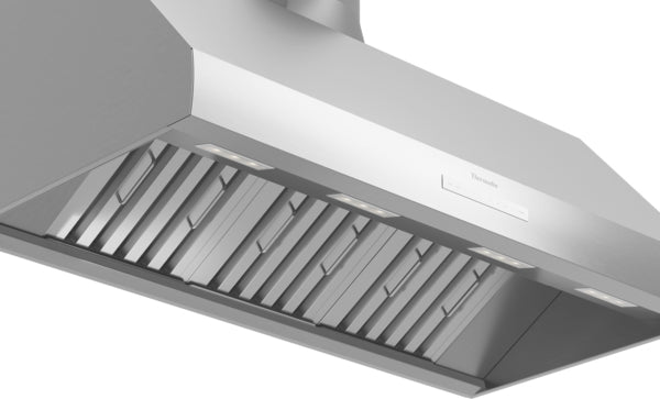 Close-up of stainless steel wall mounted range hood vents and LED lighting in kitchen appliances and home improvement collection