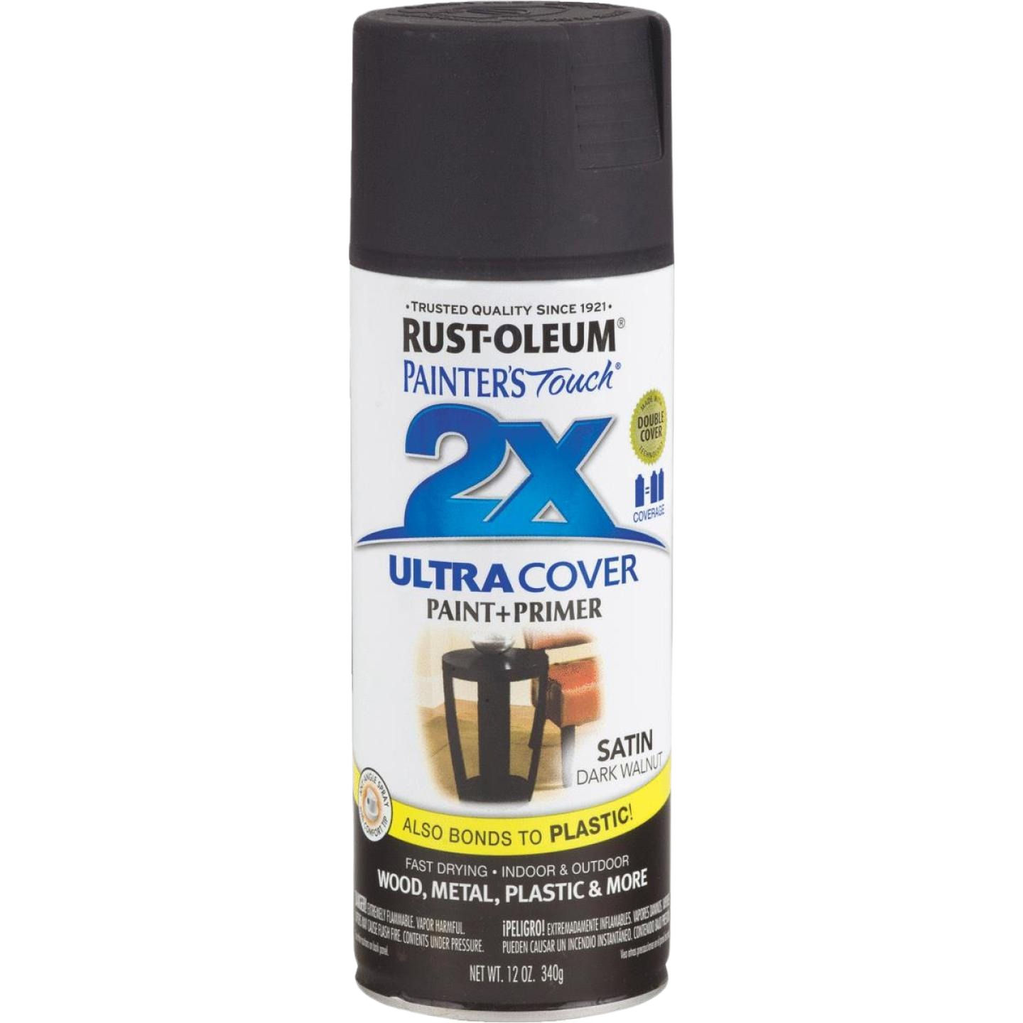 Rust-Oleum dark walnut satin spray paint and primer can for wood, metal, plastic in home improvement collections