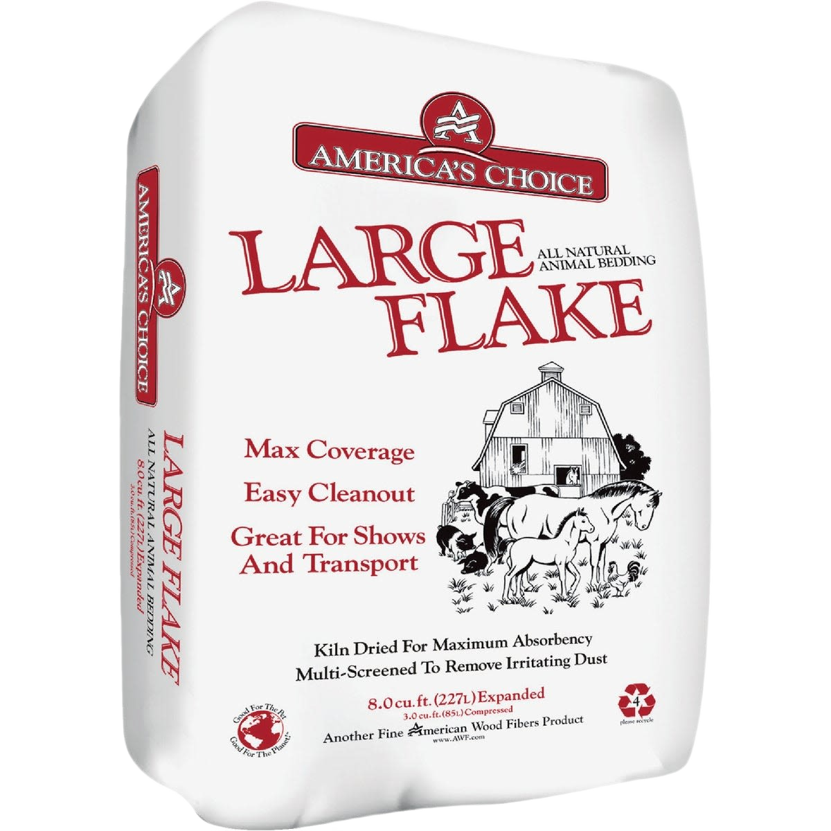 White bag of large flake animal bedding with barn and horses illustration in farm and livestock supplies collection