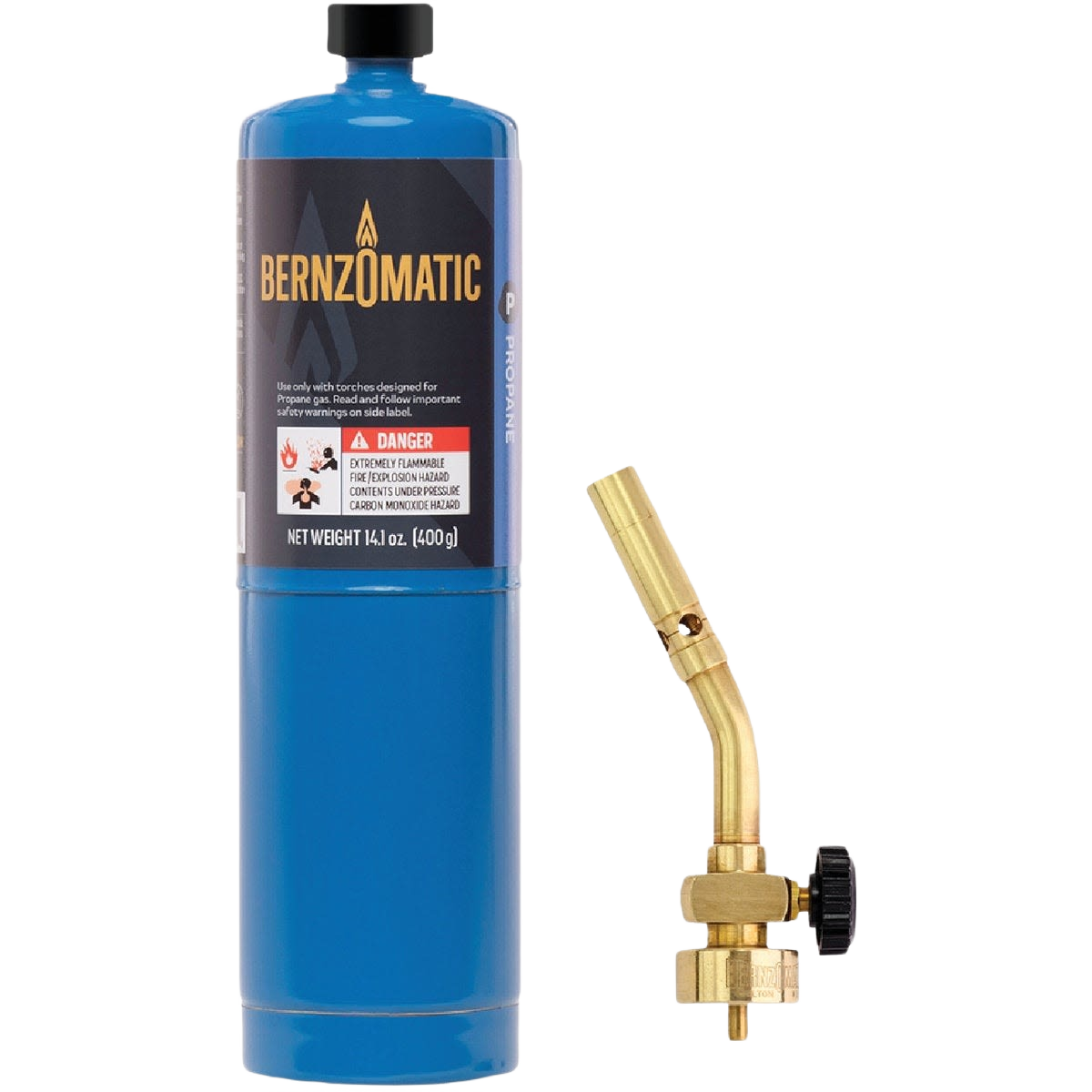 Blue propane gas cylinder with brass torch attachment for home improvement and propane torch use