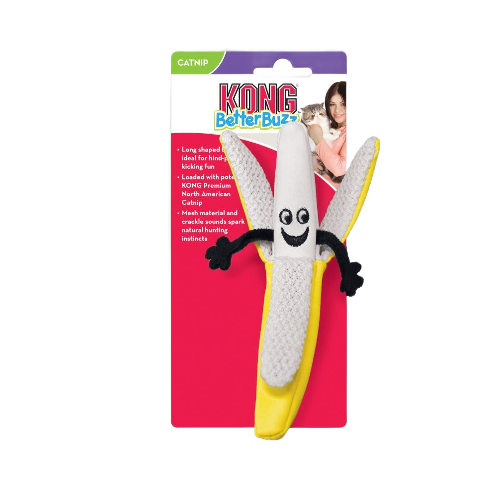 Plush banana-shaped cat toy with smiling face and crinkle material for interactive pet play and hunting instincts stimulation