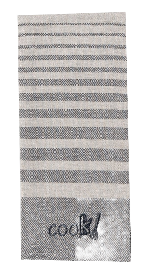 Graphite woven kitchen towel with embroidered "cook!" text and geometric birdseye pattern for home use