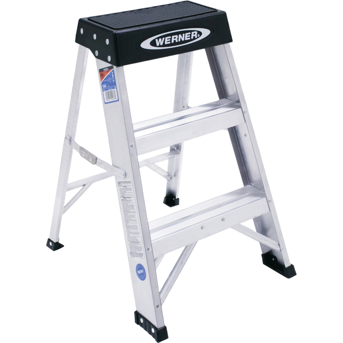 Lightweight aluminum step stool with black top platform and 300 lb. capacity for tools and home improvement tasks