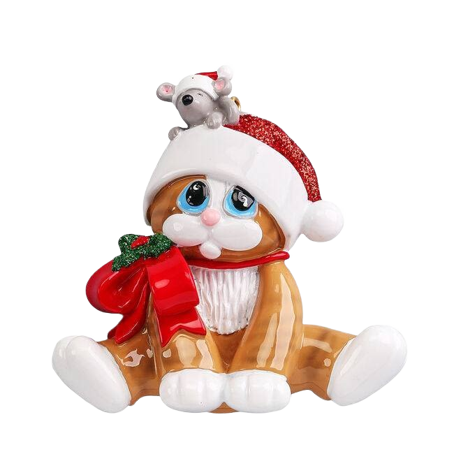 Festive ceramic orange tabby cat ornament wearing Santa hat with mouse and red bow, Christmas decoration under 50